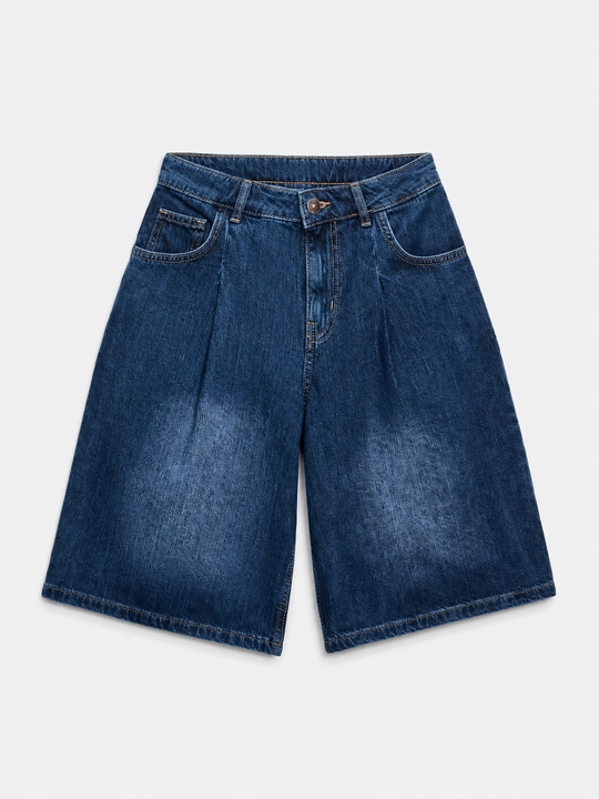 Ayollar uchun burmali Bermuda jinsi shimlari, 100% paxtadan tikilgan indigo rangli shortiklar