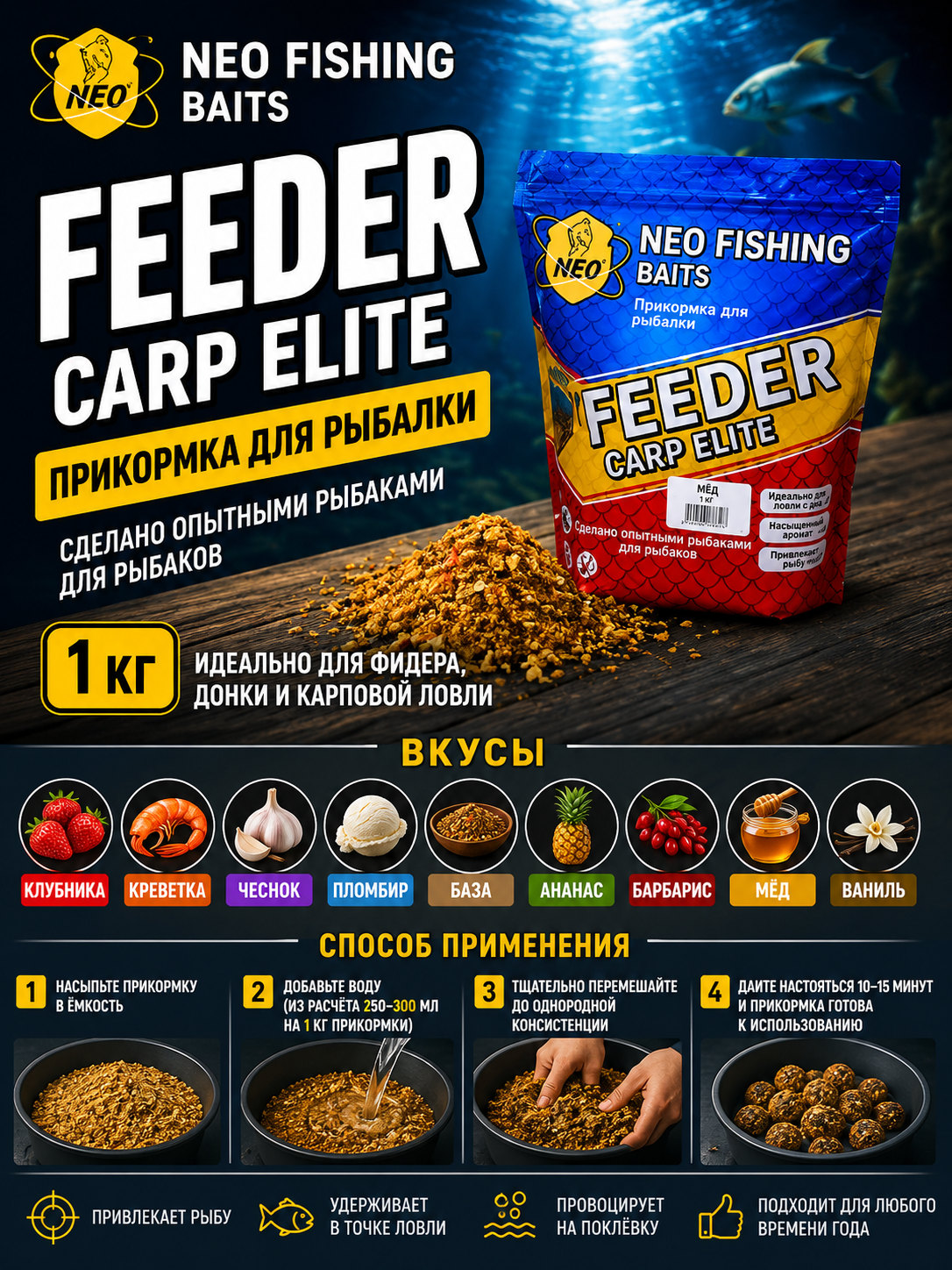 Прикормка сухая для рыбалки Feeder Carp Elite, NEO Fisjing Baits, 1 кг