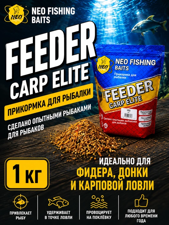 Прикормка сухая для рыбалки Feeder Carp Elite, NEO Fisjing Baits, 1 кг - 
