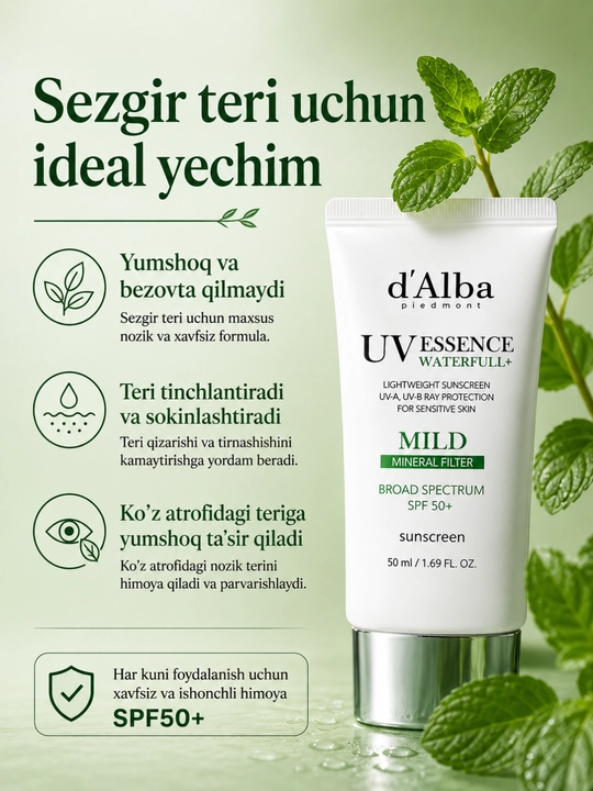 Солнцезащитный SPF крем d’Alba UV Essence Waterfull Tone-Up Green Correcting, 50 мл