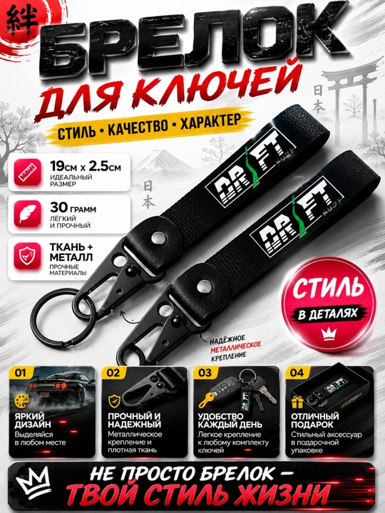Брелок для ключей тканевый с металлическим карабином автомобильный стиль - 