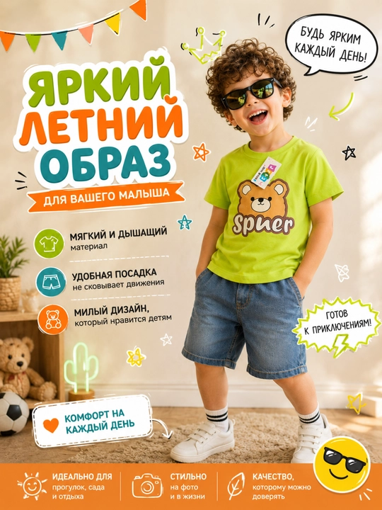 Детский комплект с мишкой, футболка и джинсовые шорты для мальчика