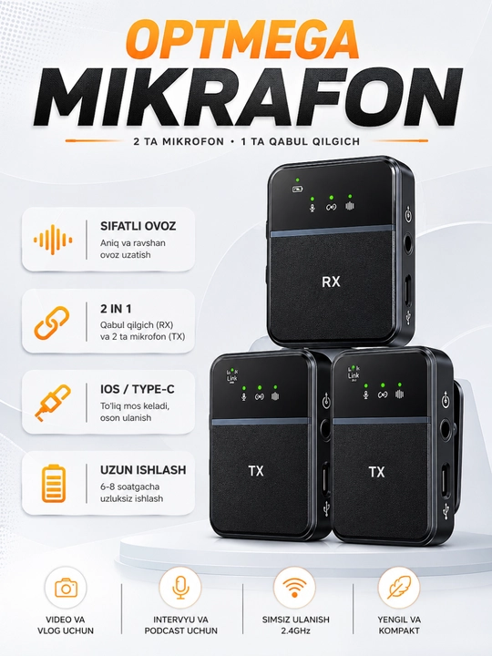 Blogerlar uchun simsiz petlichka mikrofon Lavaliere Video 2 Type-C/Lightning - 
