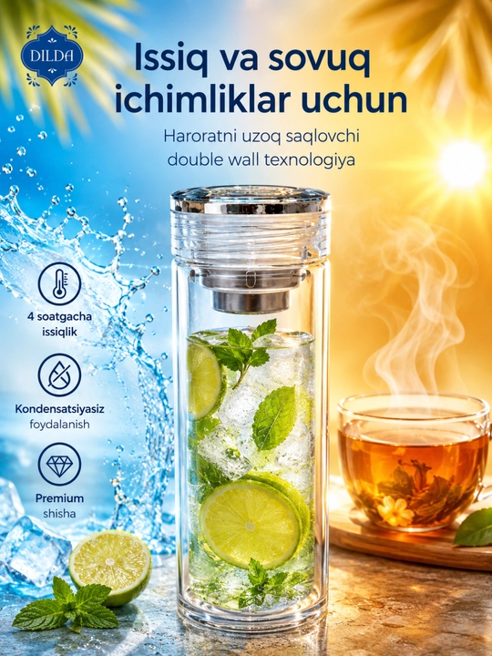 Бутылка для напитков - стеклянный термос для чая, кофе и напитков, 200–350 мл, кружка