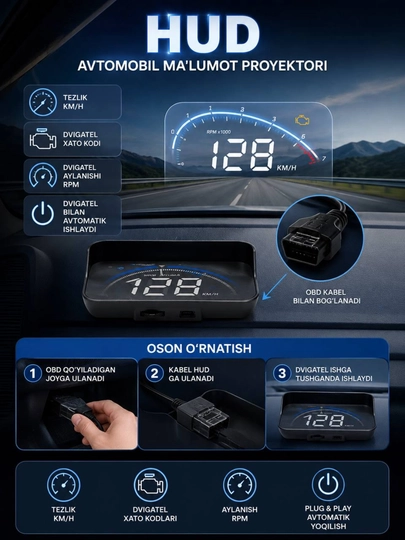 HUD Проектор OBD2 — Умный Бортовой Компьютер для Автомобиля — AVTOLIT-HUDUPQIM