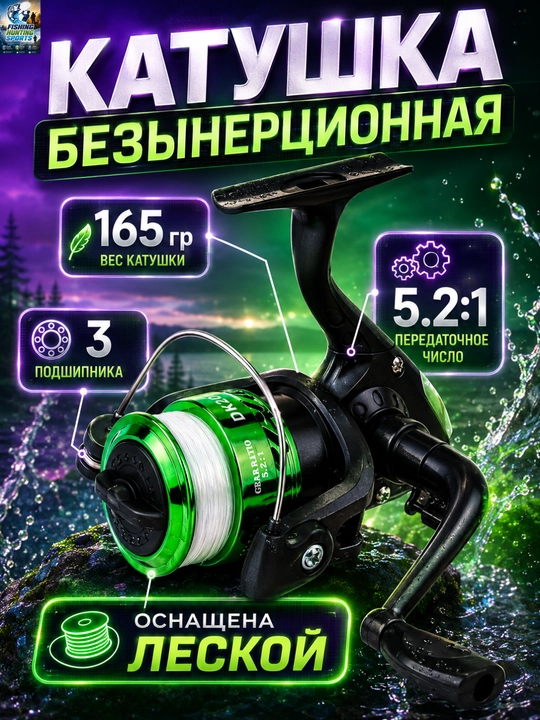 Катушка рыболовная с леской на удочку, спиннинг - 