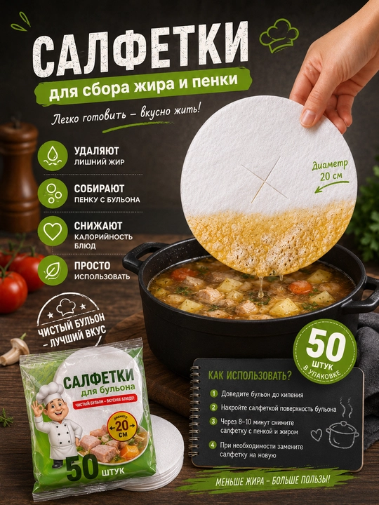 Салфетки для бульона, для сбора жира и пенки, 50 шт, диаметр 20 см — фильтр