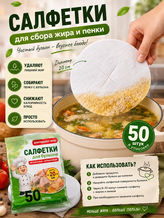 Салфетки для бульона, для сбора жира и пенки, 50 шт, диаметр 20 см — фильтр