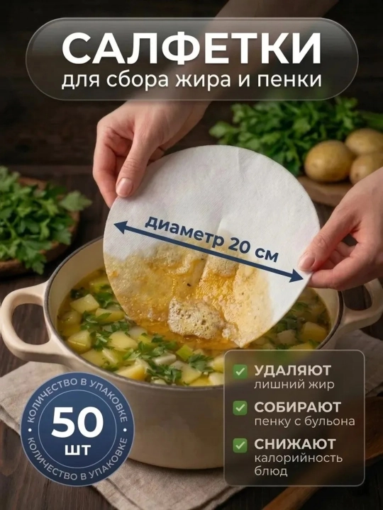 Салфетки для бульона, для сбора жира и пенки, 50 шт, диаметр 20 см — фильтр - 
