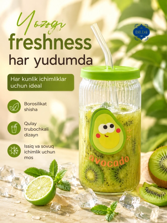 Trubochkali stakan, silikon qopqoq bilan, shisha stakan trubocha bilan, 350, 450, 500 ml - 