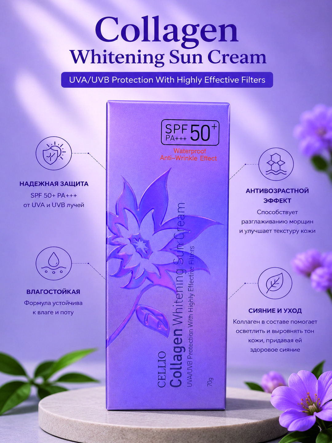 Крем, солнцезащитный крем SPF 50+PA+++ увлажняет кожу и защищает от солнца каждый день - 