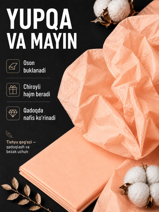 Sovg‘alar, gullar va qo‘l mehnati uchun mo‘ljallangan, 50×66 sm o‘lchamdagi, 10 varaq qadoqlash uchun mo‘ljallangan tushyu qog‘ozi