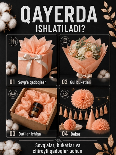 Sovg‘alar, gullar va qo‘l mehnati uchun mo‘ljallangan, 50×66 sm o‘lchamdagi, 10 varaq qadoqlash uchun mo‘ljallangan tushyu qog‘ozi