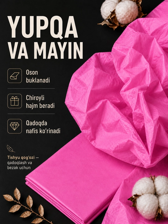 Sovg‘alar, gullar va qo‘l mehnati uchun mo‘ljallangan, 50×66 sm o‘lchamdagi, 10 varaq qadoqlash uchun mo‘ljallangan tushyu qog‘ozi