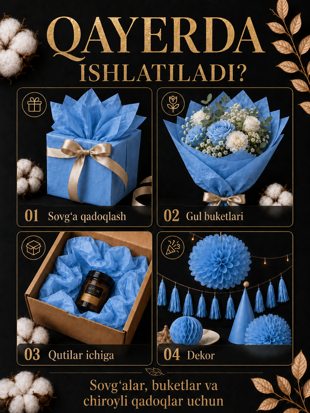Sovg‘alar, gullar va qo‘l mehnati uchun mo‘ljallangan, 50×66 sm o‘lchamdagi, 10 varaq qadoqlash uchun mo‘ljallangan tushyu qog‘ozi