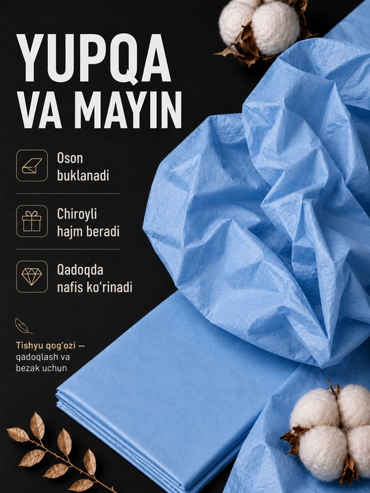 Sovg‘alar, gullar va qo‘l mehnati uchun mo‘ljallangan, 50×66 sm o‘lchamdagi, 10 varaq qadoqlash uchun mo‘ljallangan tushyu qog‘ozi