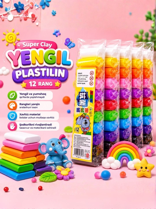 Yengil plastilin super clay, 12 rang to‘plam