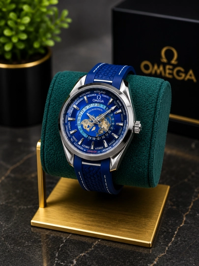 Мужские наручные часы Omega, новая модель с силиконовым ремешком, в подарочной коробке — AXABRND-OMEGA40-СИНИЙ