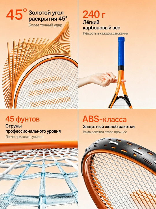 Ko'chma tennis to'plami: asos, raketka, ikkita to'p, tutqich qopqog'i, saqlash sumkasi