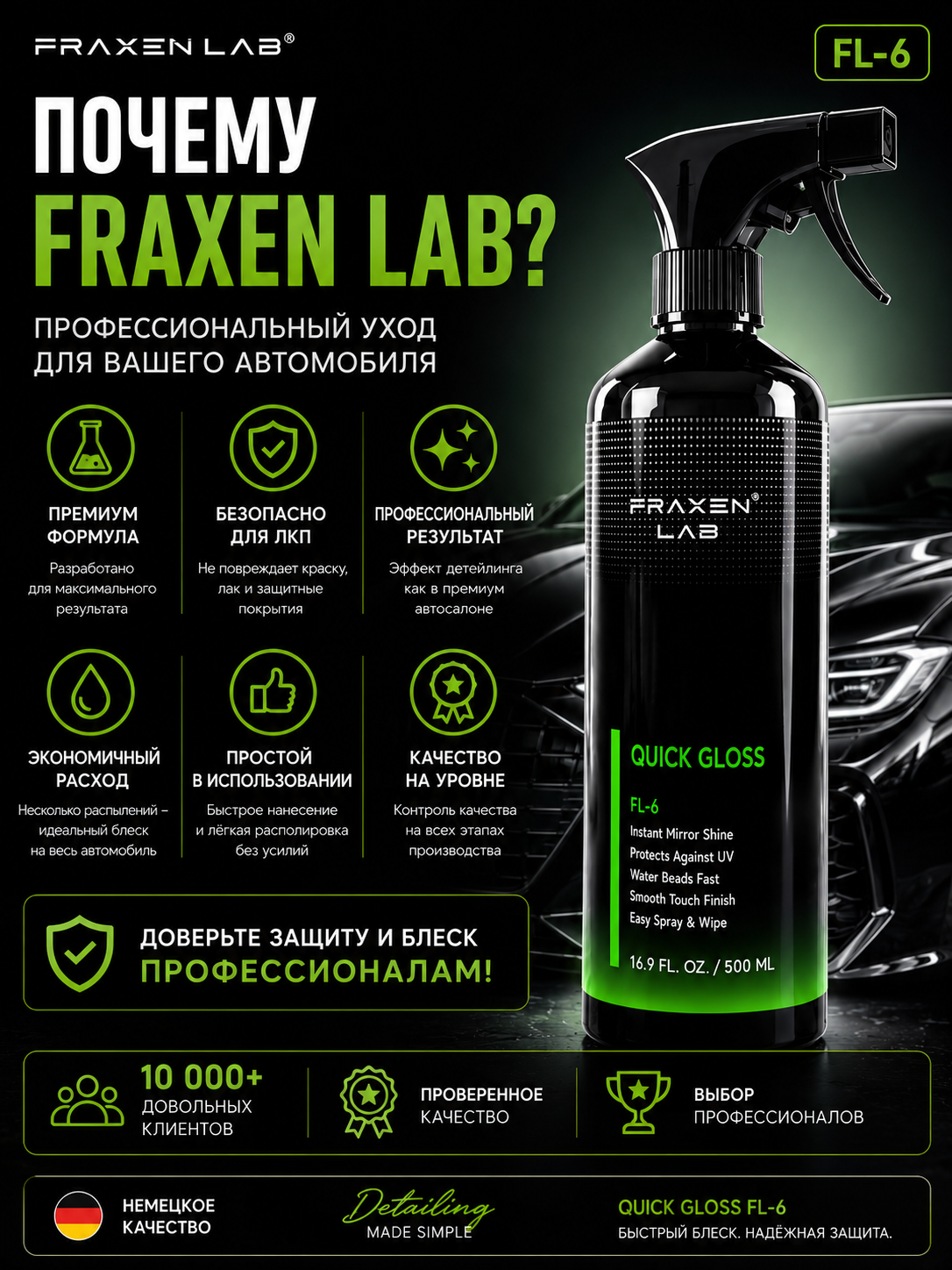 Спрей FraxenLab FL-6 Квик-Глосс, защита кузова, гидрофобный, блеск, 0,5 л