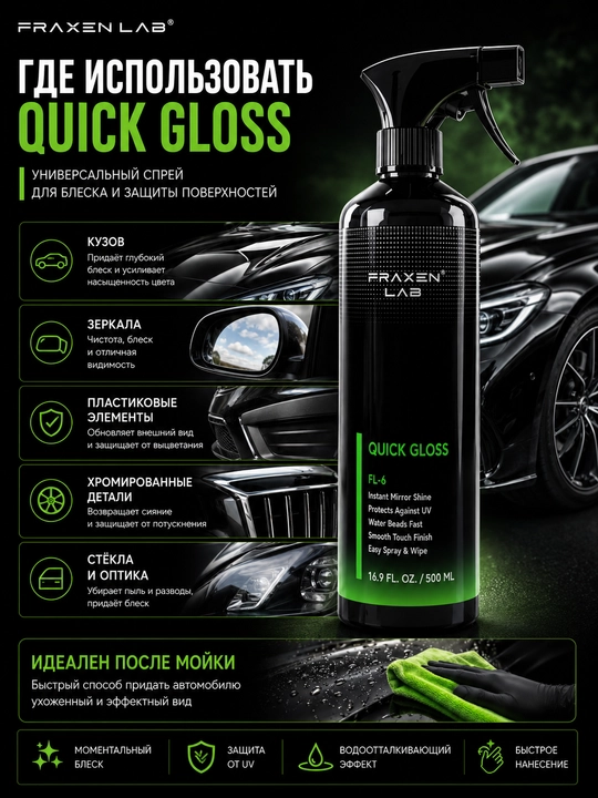 Спрей FraxenLab FL-6 Квик-Глосс, защита кузова, гидрофобный, блеск, 0,5 л