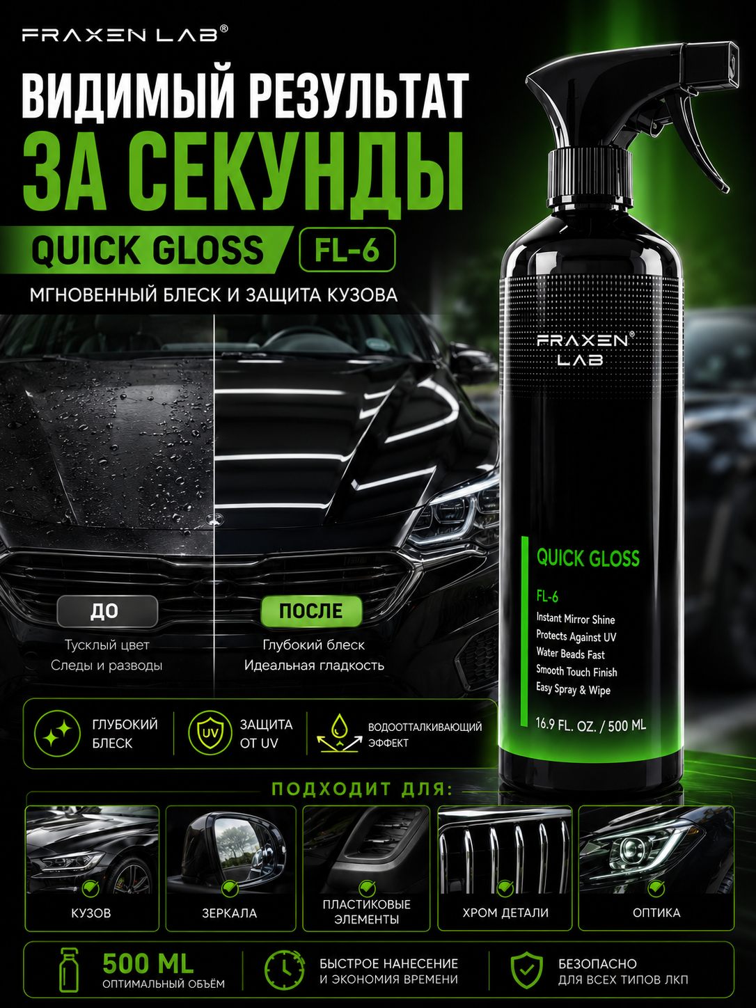 Спрей FraxenLab FL-6 Квик-Глосс, защита кузова, гидрофобный, блеск, 0,5 л