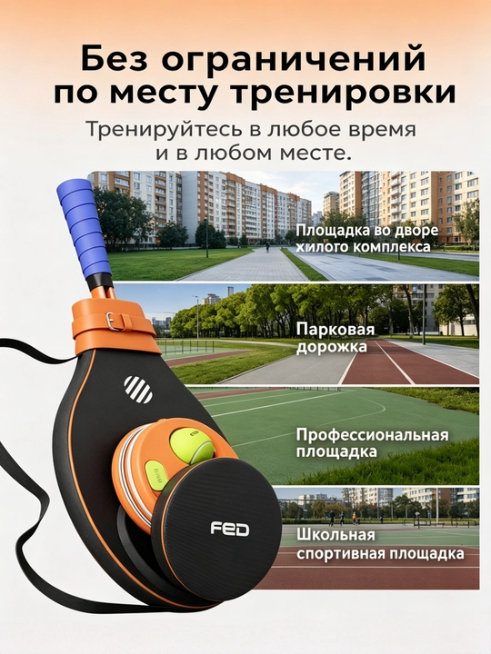 Ko'chma tennis to'plami: asos, raketka, ikkita to'p, tutqich qopqog'i, saqlash sumkasi