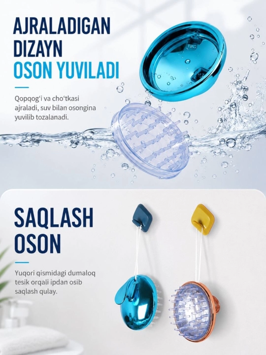 Bosh terisi uchun massaj cho‘tkasi, soch yuvish va tozalash uchun silikon taroq