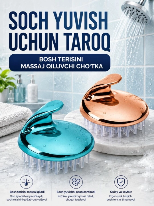 Bosh terisi uchun massaj cho‘tkasi, soch yuvish va tozalash uchun silikon taroq