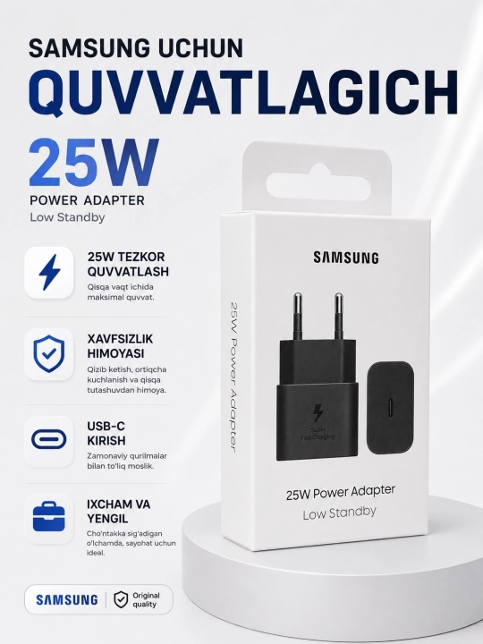 Samsung uchun 25W, 45W tezkor quvvatlagich – USB-C Power adapter - 