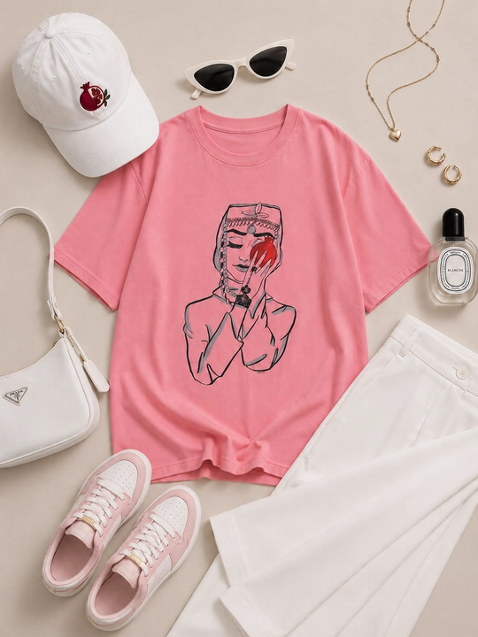 Ayollar uchun 100% paxtali oversize futbolka Pink Pomegranate, uzaytirilgan