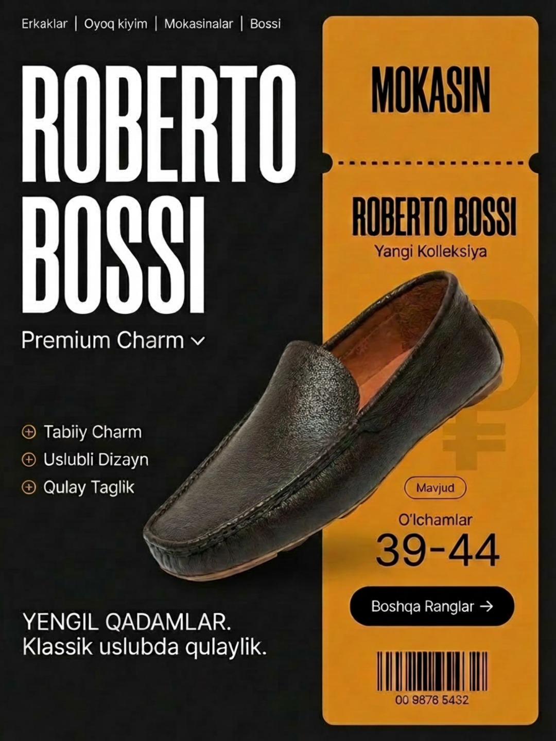 Erkaklar mokasinlari, Roberto Bossi, tufli, lofer, klassik, 100% tabiiy charmdan - 
