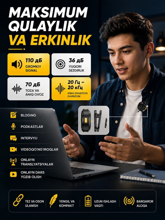 Blogerlar uchun simsiz petlichka mikrofon Lavaliere Video 2 Type-C/Lightning