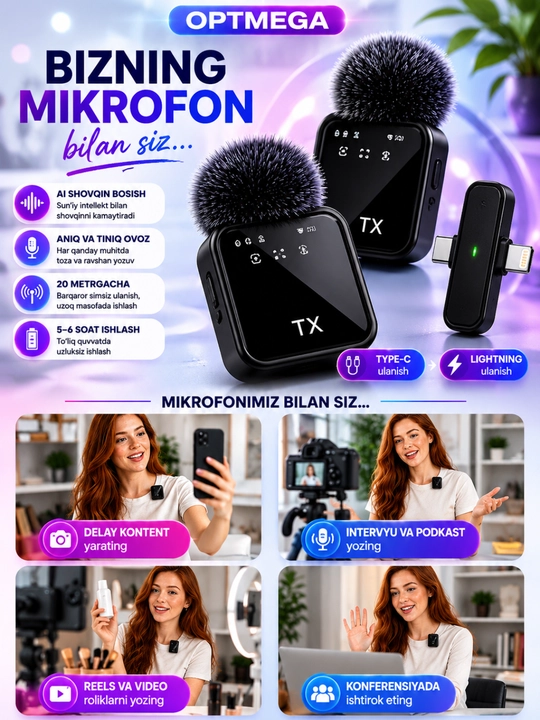 Simsiz petlichka mikrofon telefon uchun Type-C / Lightning, kontent va intervyu uchun