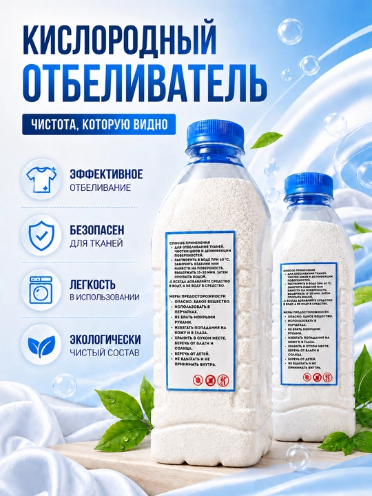 Кислородный отбеливатель, для стирки и отбеливания тканей, 500 г, 1000 г