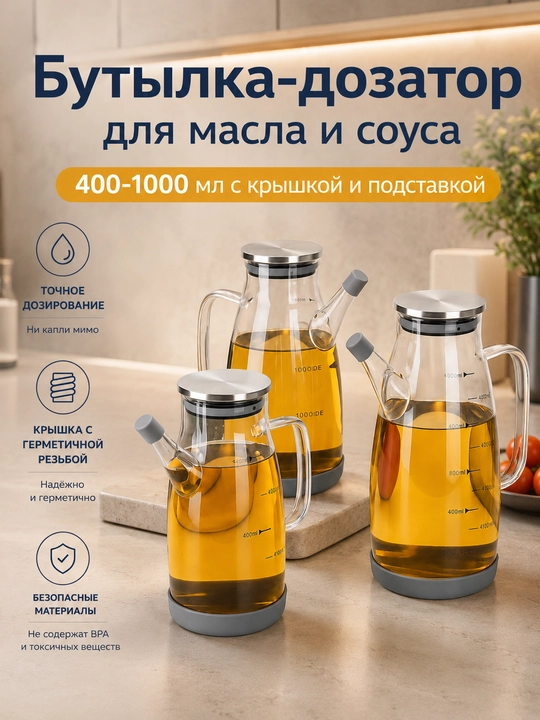 Стеклянная бутылка-дозатор, с крышкой и подставкой, для масла и соуса