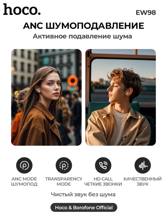 Simsiz naushniklar Hoco EW98 TWS, ANC, AI-tarjimon va pulsometr bilan, Bluetooth 6.0