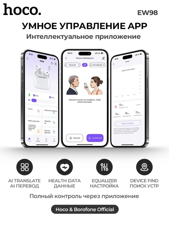 Simsiz naushniklar Hoco EW98 TWS, ANC, AI-tarjimon va pulsometr bilan, Bluetooth 6.0