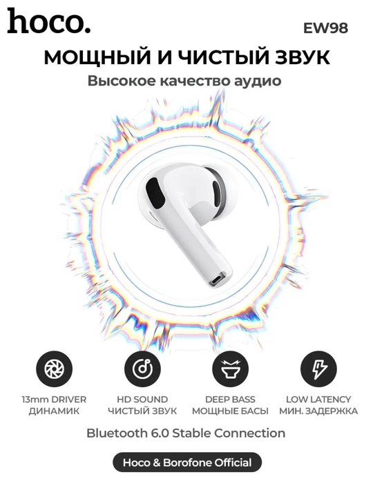 Simsiz naushniklar Hoco EW98 TWS, ANC, AI-tarjimon va pulsometr bilan, Bluetooth 6.0