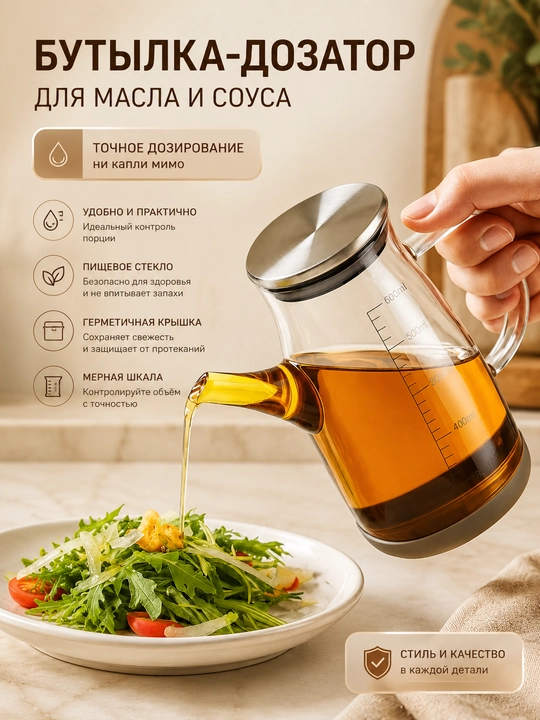 Стеклянная бутылка-дозатор, с крышкой и подставкой, для масла и соуса