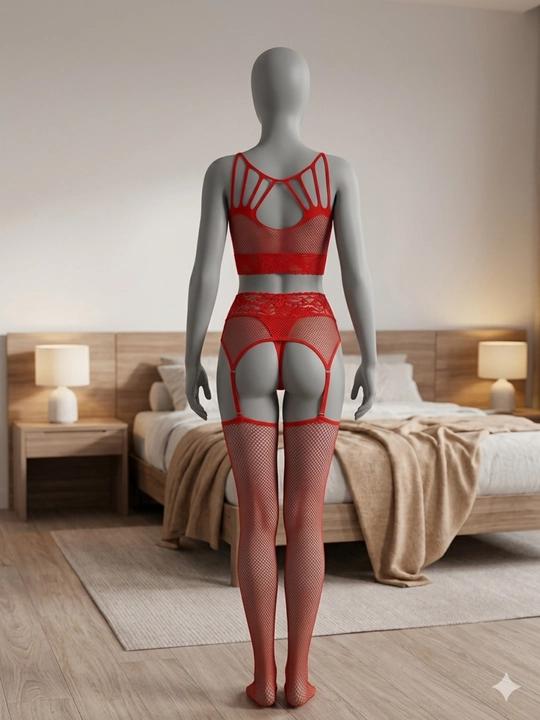 Qizil ichki kiyim seti, ayollar lingerie, to‘r komplekt, paypoqli set, body standart