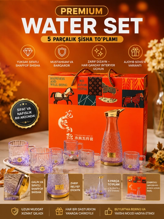 Premium toifadagi 5 qismli shisha idishlar to‘plami