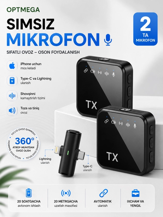 Simsiz petlichka mikrofon telefon uchun Type-C / Lightning, kontent va intervyu uchun - 