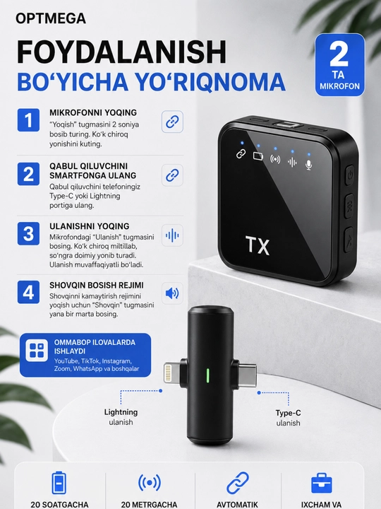 Simsiz petlichka mikrofon telefon uchun Type-C / Lightning, kontent va intervyu uchun