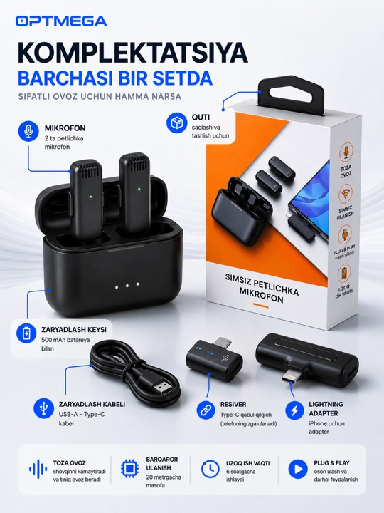 Simsiz petlichka mikrofon telefon uchun Type-C / Lightning, kontent va intervyu uchun