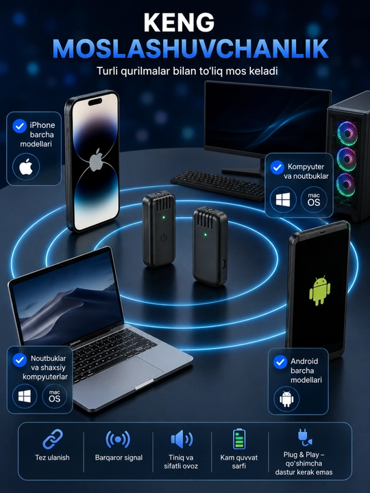 Simsiz petlichka mikrofon telefon uchun Type-C / Lightning, kontent va intervyu uchun