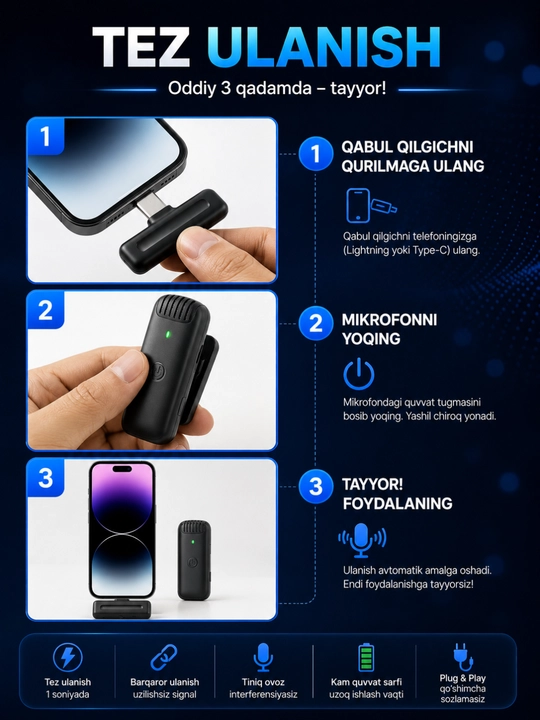 Simsiz petlichka mikrofon telefon uchun Type-C / Lightning, kontent va intervyu uchun