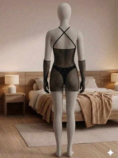Черное мини боди, женское lingerie, прозрачное платье, body standart, glitter комплект