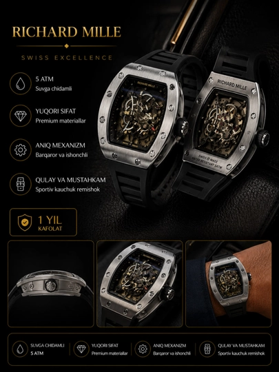 Richard Mille — мужские премиальные часы с скелетным механизмом, чёрный каучуковый ремешок — MYESSEL-RICHARD-ЧЕРНСТЕ