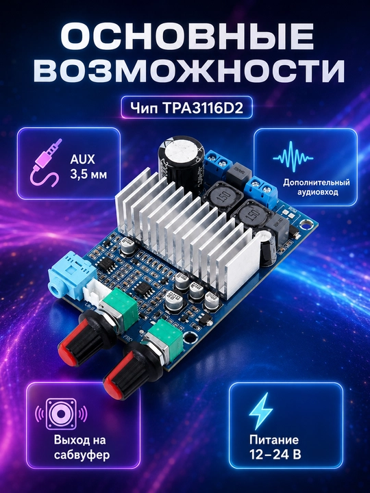 TPA3116D2 mono sabvufer usilitel moduli, 100w 12–24V AUX 3.5 mm